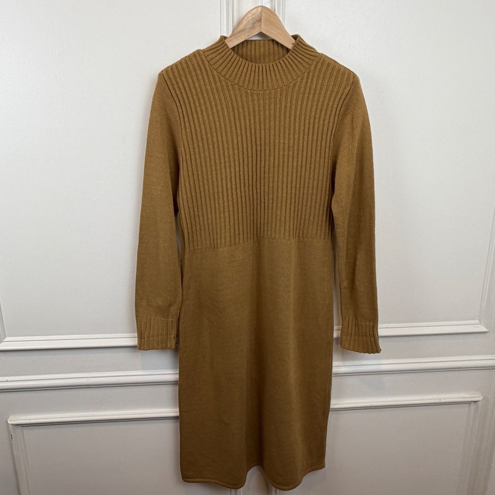 Spago Collection Camel Tan Ribbed Mock Neck Sweater Dress Made in‎ USA Medium